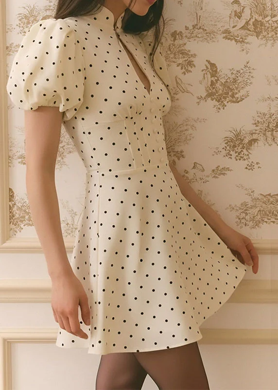 French Beige Stand Collar Puff Sleeve Print Cotton Mini Dresses - Image 4