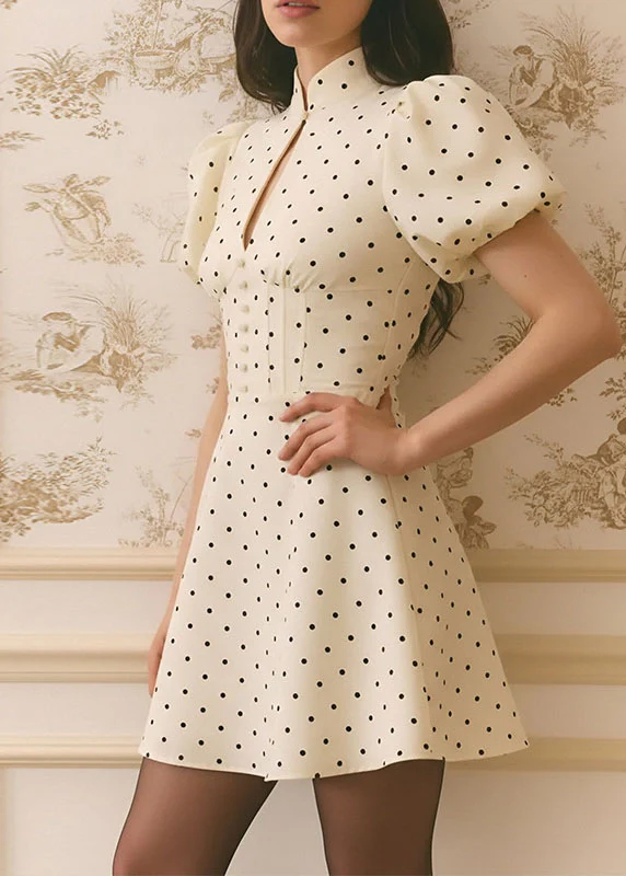 French Beige Stand Collar Puff Sleeve Print Cotton Mini Dresses - Image 5