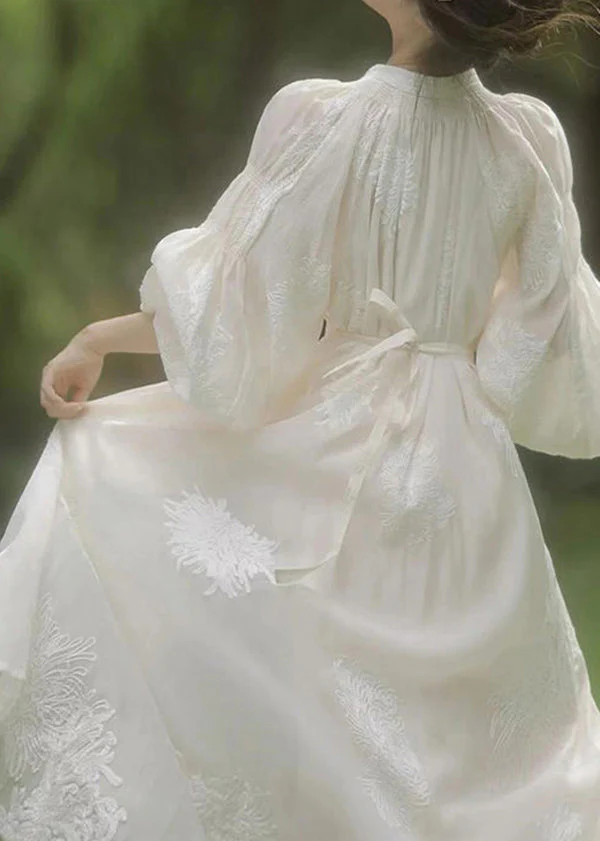 French Beige V Neck Embroidered Silk Dress Lantern Sleeve - Image 5