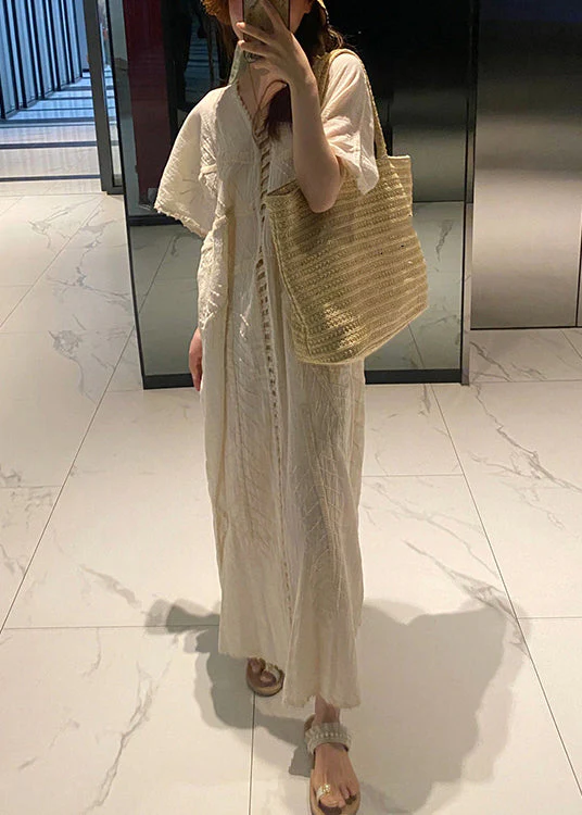 French Beige V Neck Hollow Out Cotton Long Dress Summer - Image 2