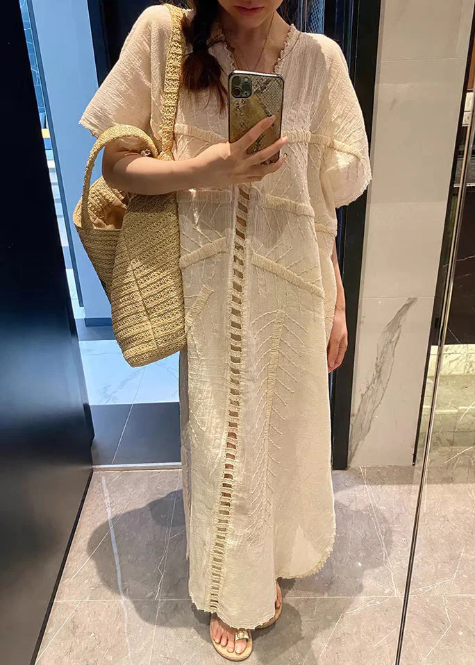 French Beige V Neck Hollow Out Cotton Long Dress Summer - Image 3