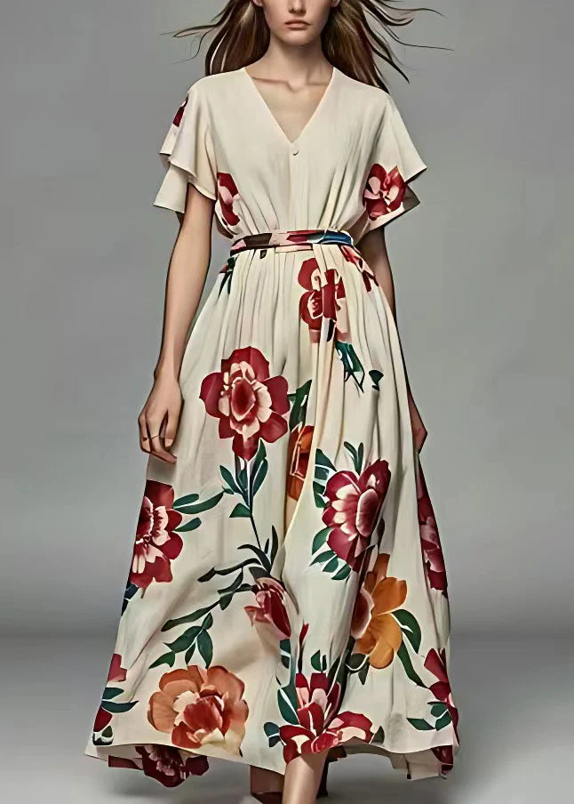 French Beige V Neck Print Cotton Long Dress Summer - Image 2