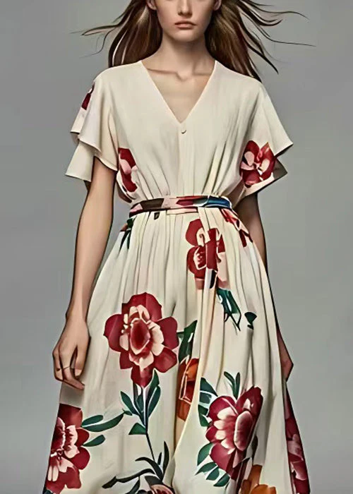 French Beige V Neck Print Cotton Long Dress Summer - Image 3