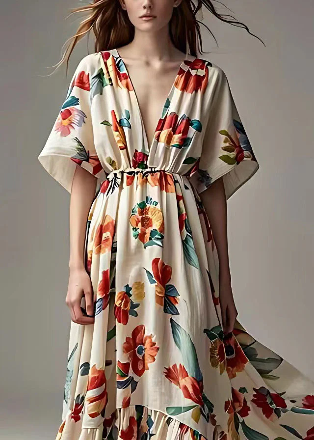 French Beige V Neck Print High Waist Cotton Dress Summer - Image 2