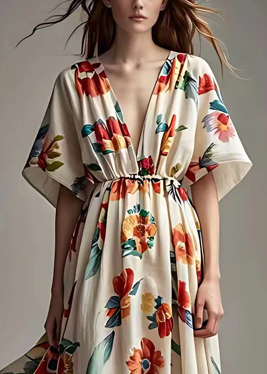 French Beige V Neck Print High Waist Cotton Dress Summer - Image 3