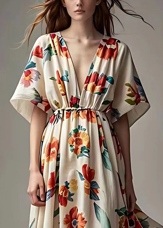 French Beige V Neck Print High Waist Cotton Dress Summer - Image 4