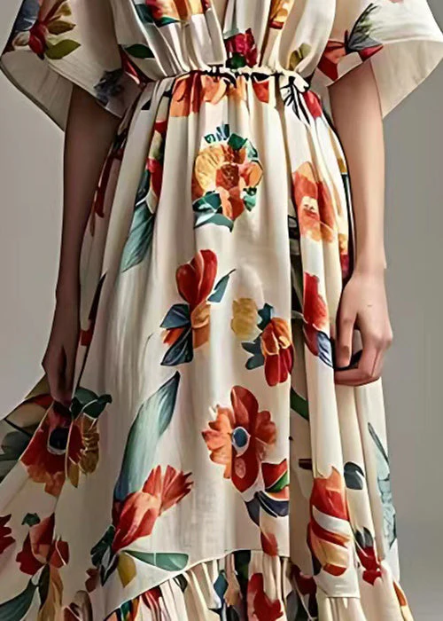 French Beige V Neck Print High Waist Cotton Dress Summer - Image 5