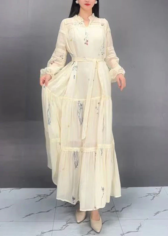 French Beige V Neck Print Patchwork Wrinkled Silk Cotton Maxi Dresses Spring - Image 2