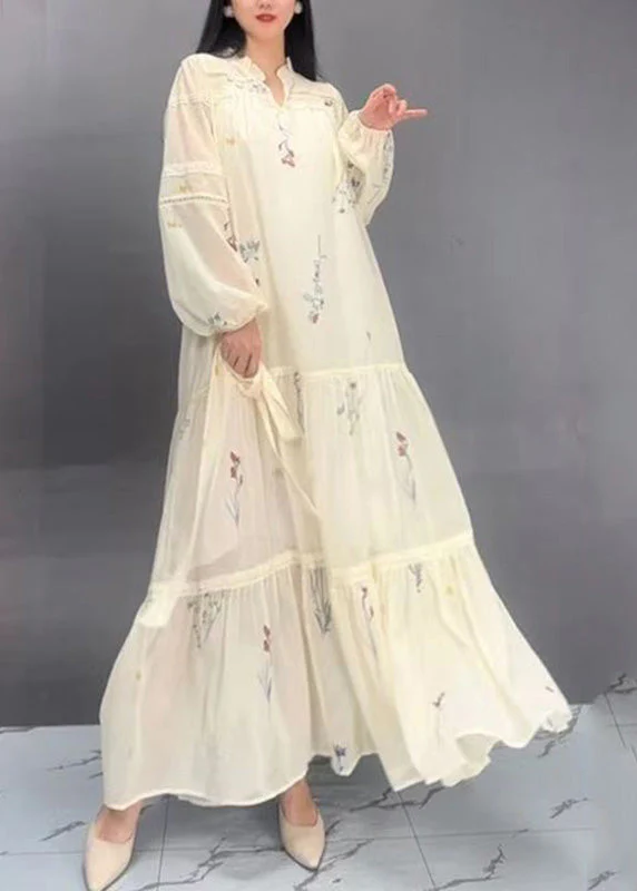 French Beige V Neck Print Patchwork Wrinkled Silk Cotton Maxi Dresses Spring - Image 4