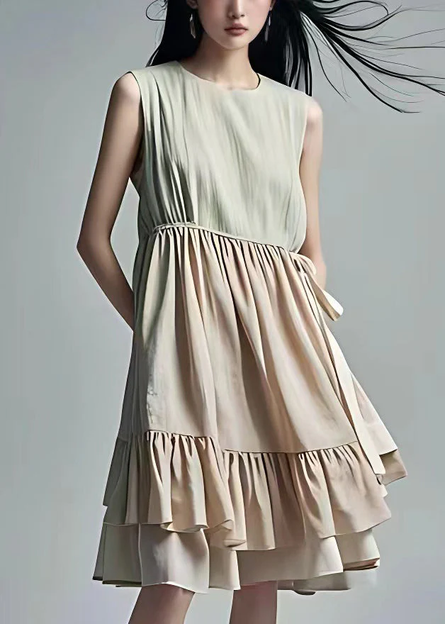 French Beige Wrinkled Lace Up Cotton Dress Sleeveless - Image 2