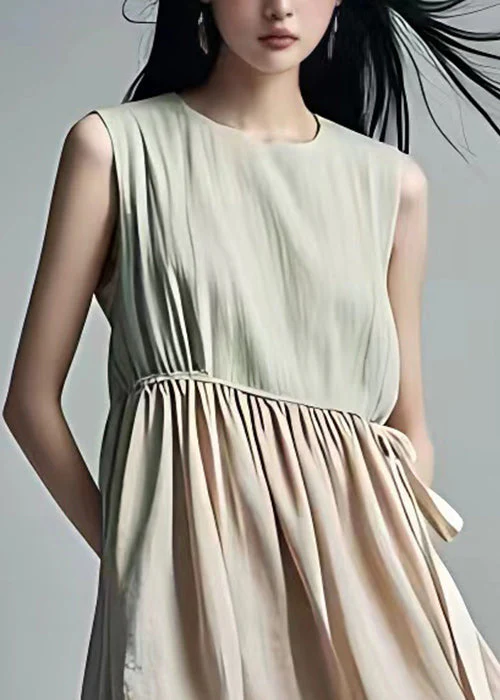 French Beige Wrinkled Lace Up Cotton Dress Sleeveless - Image 3