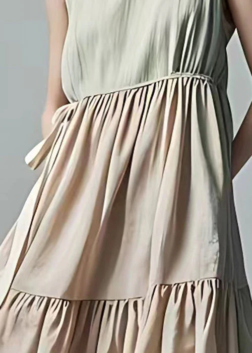 French Beige Wrinkled Lace Up Cotton Dress Sleeveless - Image 4