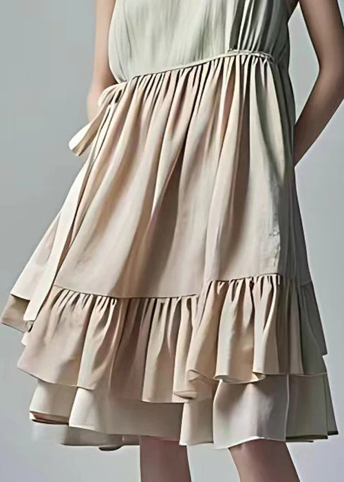 French Beige Wrinkled Lace Up Cotton Dress Sleeveless - Image 5