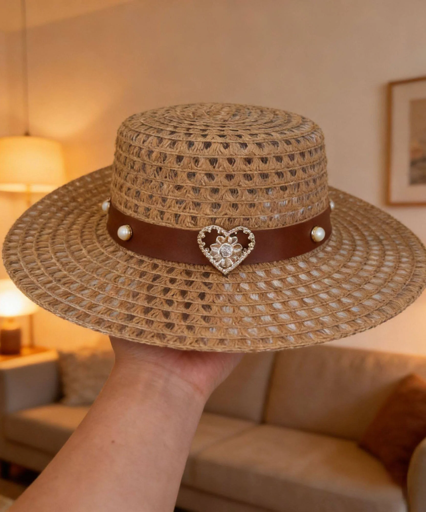 French Beige Zircon Heart-Shaped Hollow Out Breathable Sun Hat - Image 3