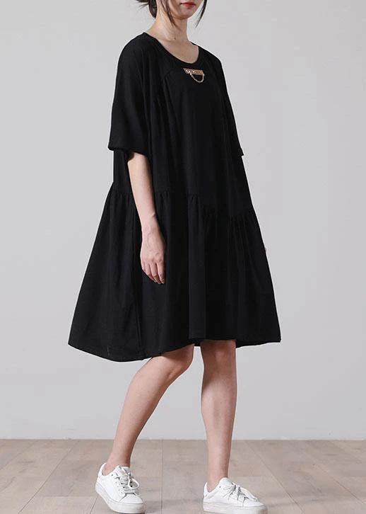 French Black Asymmetrical Cotton Dress Summer Dresses - Image 4