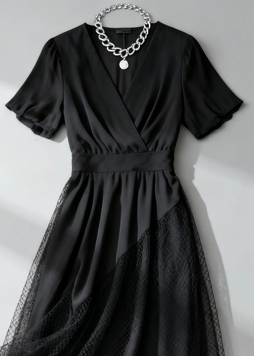 French Black Asymmetrical Design Hollow Out Tulle Patchwork Long Dress Summer - Image 2