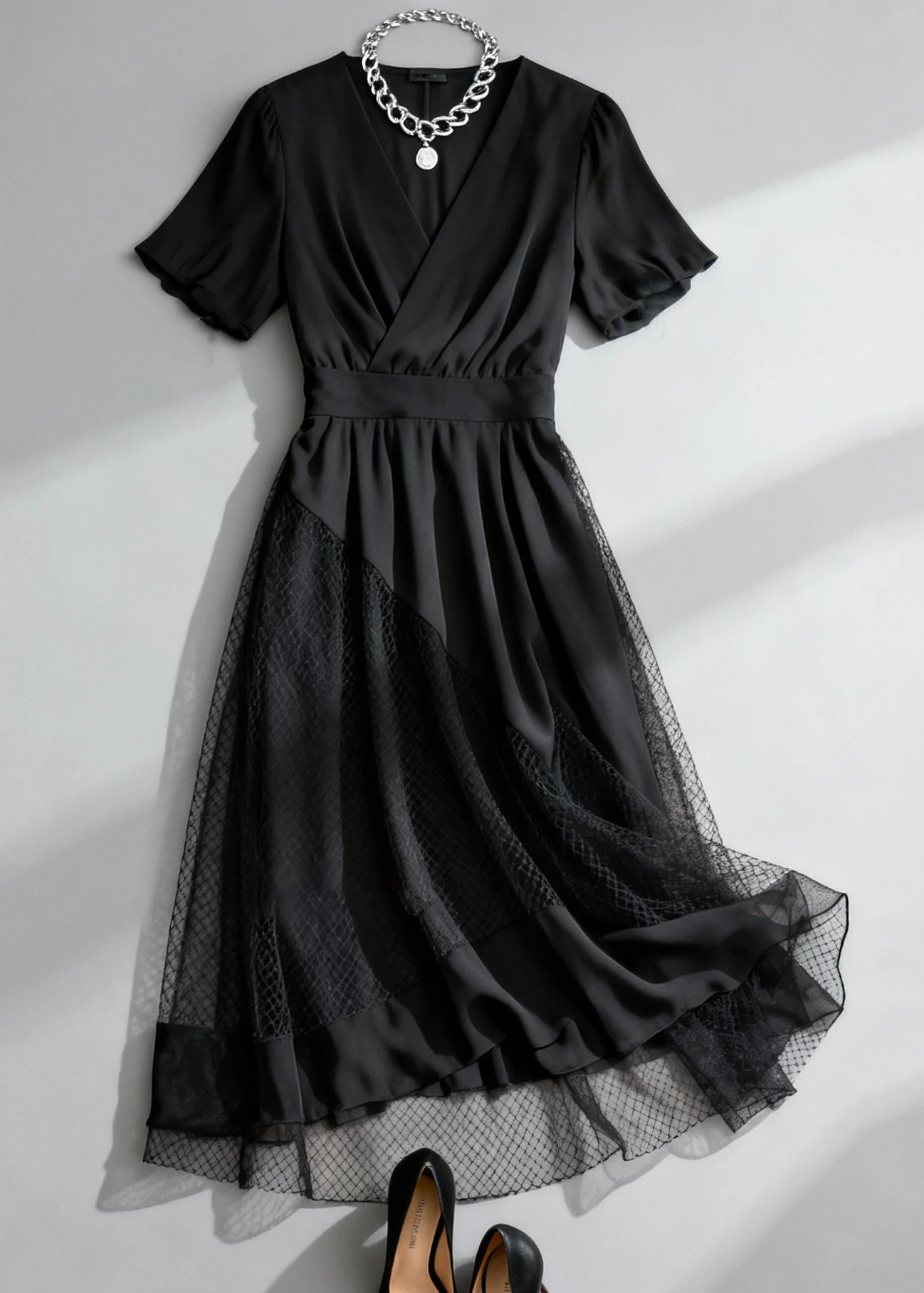 French Black Asymmetrical Design Hollow Out Tulle Patchwork Long Dress Summer - Image 3