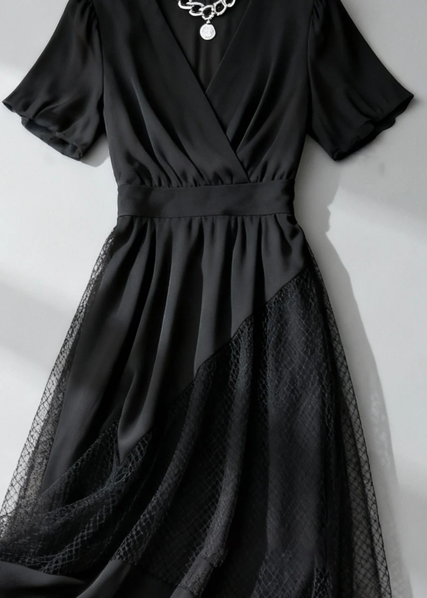 French Black Asymmetrical Design Hollow Out Tulle Patchwork Long Dress Summer - Image 4