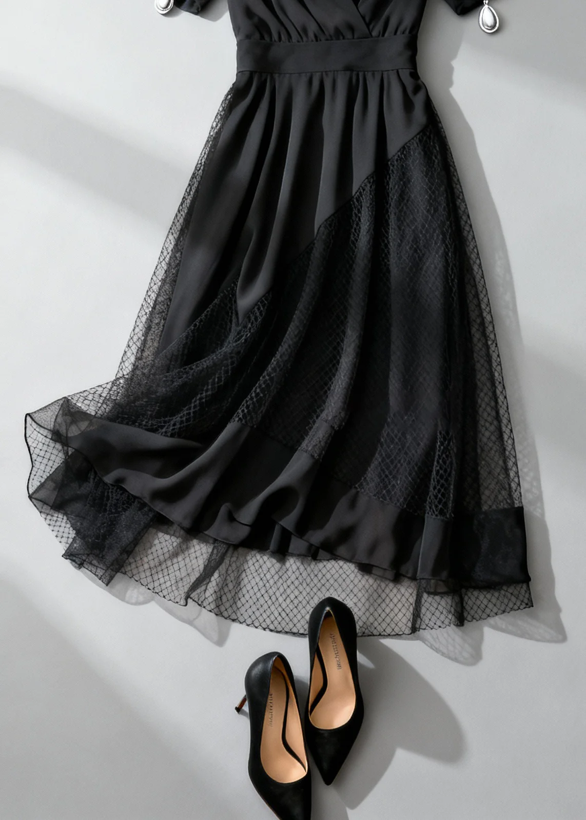 French Black Asymmetrical Design Hollow Out Tulle Patchwork Long Dress Summer - Image 5