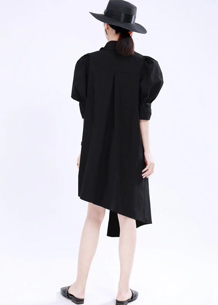 French Black Asymmetrical Design Solid Color Cotton Shirt Dress Lantern Sleeve - Image 3