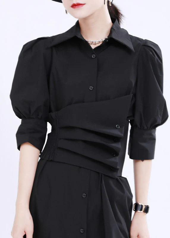 French Black Asymmetrical Design Solid Color Cotton Shirt Dress Lantern Sleeve - Image 4