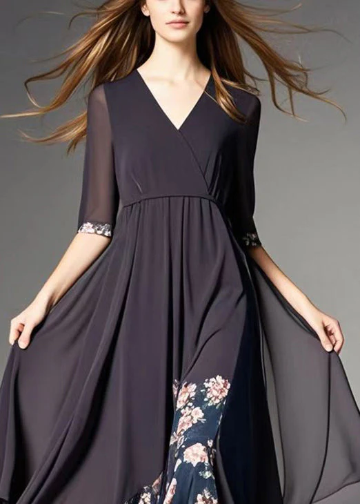 French Black Asymmetrical Patchwork Print Chiffon Robe Dresses Summer - Image 2