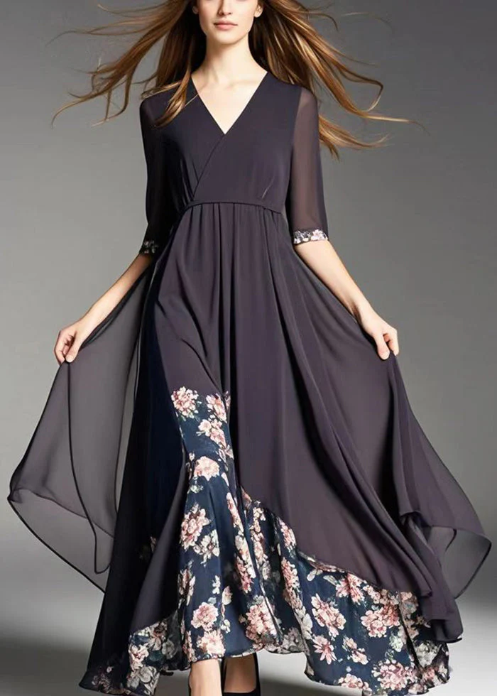 French Black Asymmetrical Patchwork Print Chiffon Robe Dresses Summer - Image 3