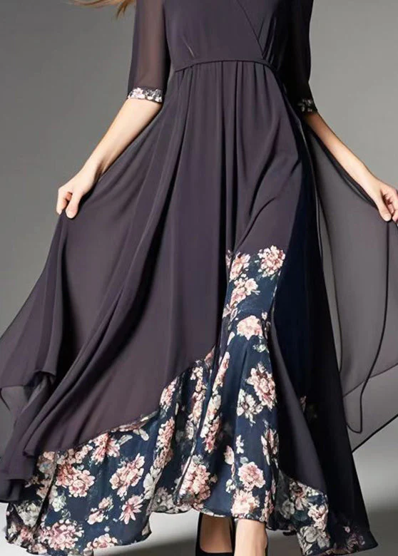 French Black Asymmetrical Patchwork Print Chiffon Robe Dresses Summer - Image 4