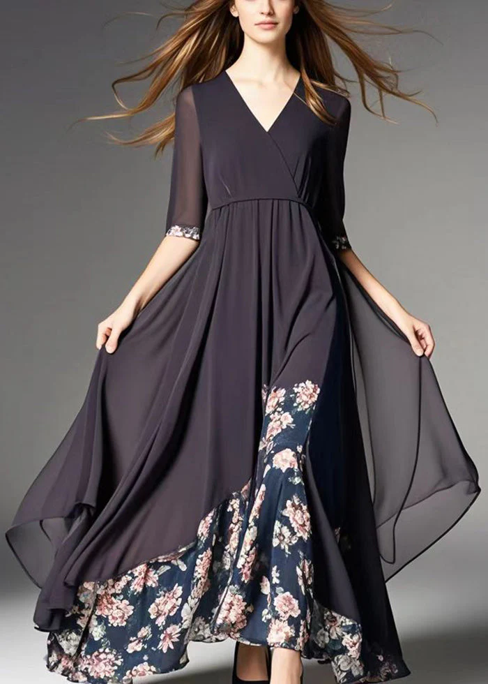 French Black Asymmetrical Patchwork Print Chiffon Robe Dresses Summer - Image 5