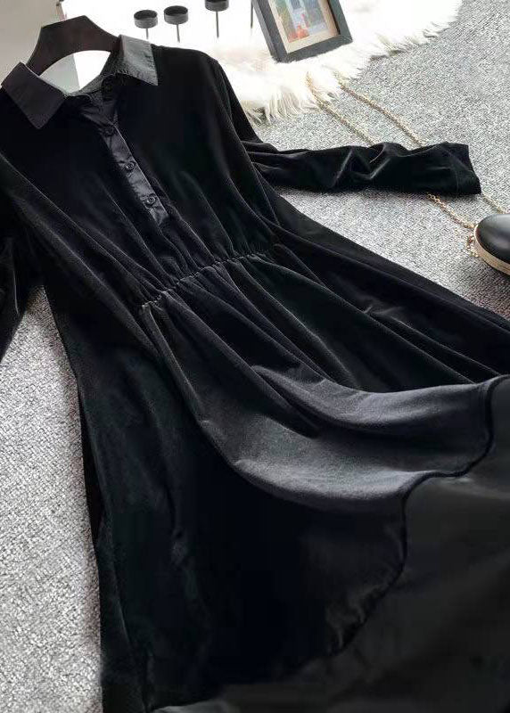 French Black Asymmetrical Patchwork Velour Holiday Dress Spring - Image 2