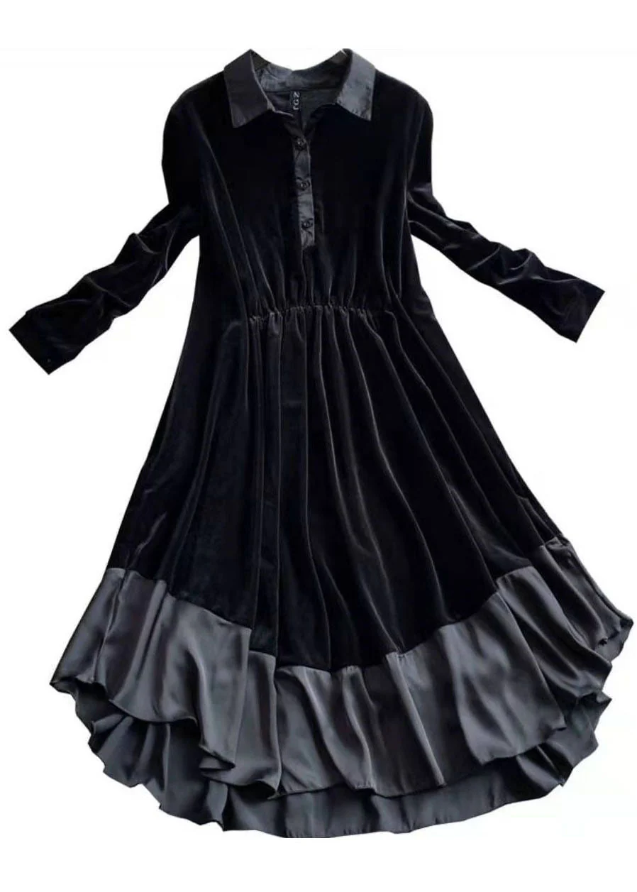 French Black Asymmetrical Patchwork Velour Holiday Dress Spring - Image 3