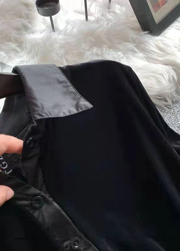 French Black Asymmetrical Patchwork Velour Holiday Dress Spring - Image 4