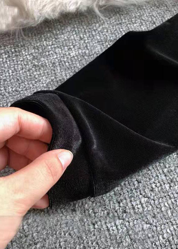 French Black Asymmetrical Patchwork Velour Holiday Dress Spring - Image 5