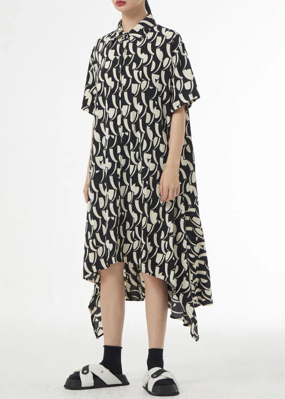 French Black Asymmetrical Print Patchwork Silk Cotton Shirts Dress Summer - Image 2