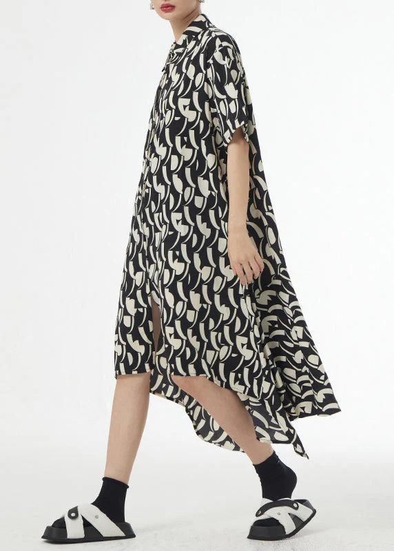 French Black Asymmetrical Print Patchwork Silk Cotton Shirts Dress Summer - Image 3