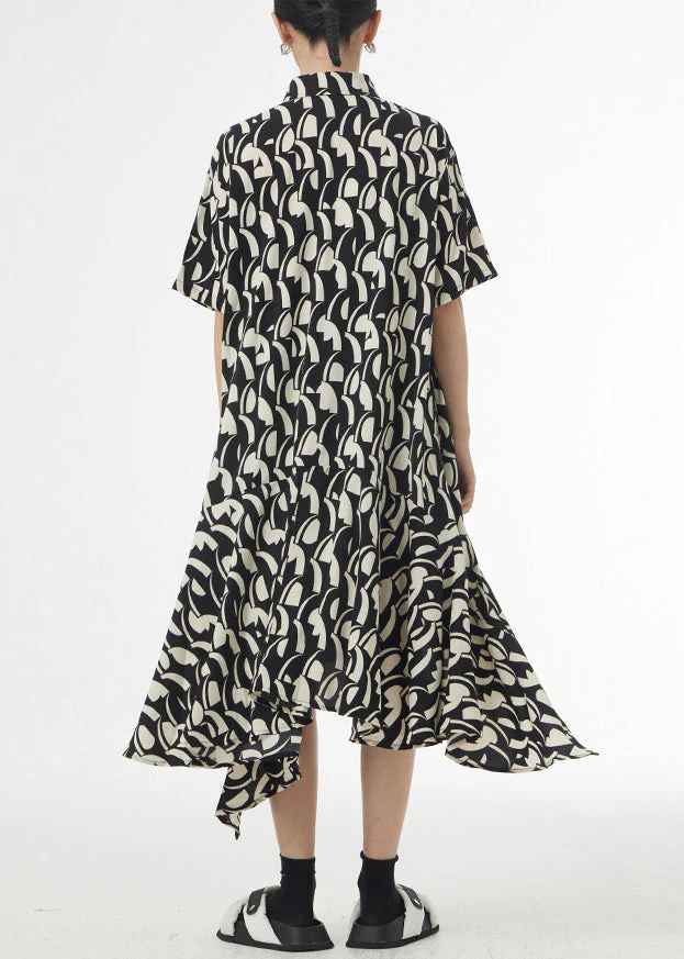 French Black Asymmetrical Print Patchwork Silk Cotton Shirts Dress Summer - Image 4