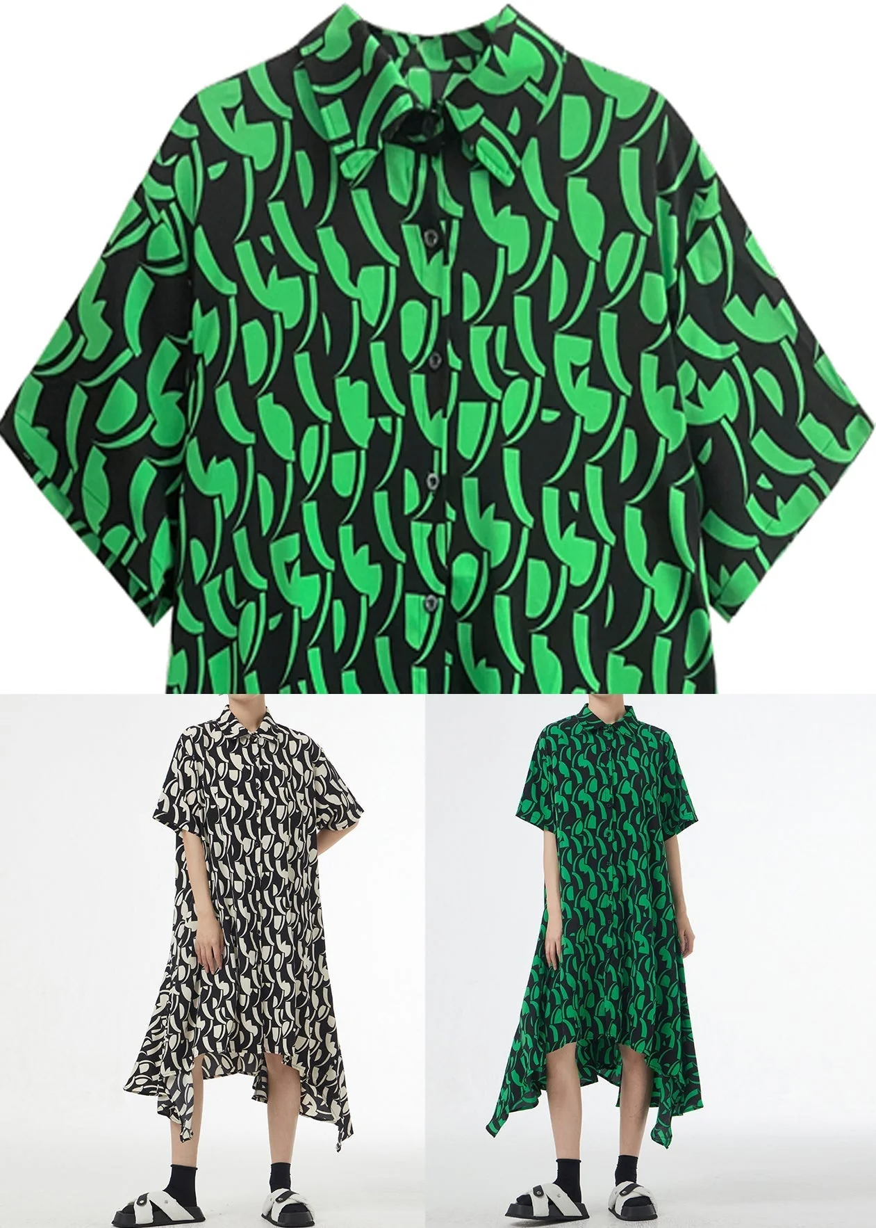 French Black Asymmetrical Print Patchwork Silk Cotton Shirts Dress Summer - Image 5