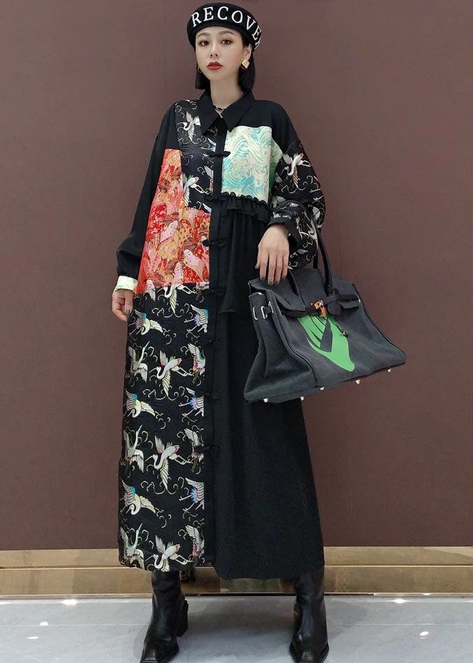 French Black Asymmetrical Print shirts Long Dress Spring - Image 2
