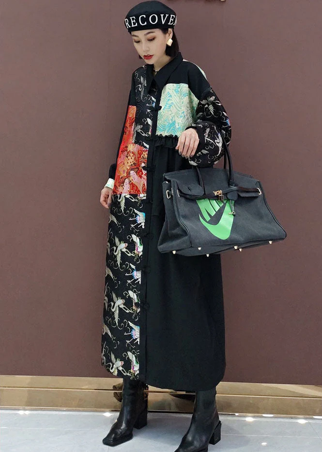 French Black Asymmetrical Print shirts Long Dress Spring - Image 3