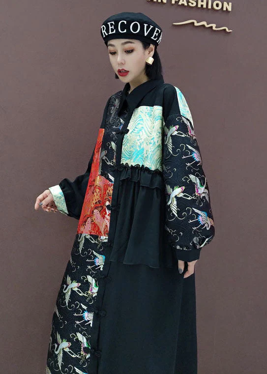 French Black Asymmetrical Print shirts Long Dress Spring - Image 5