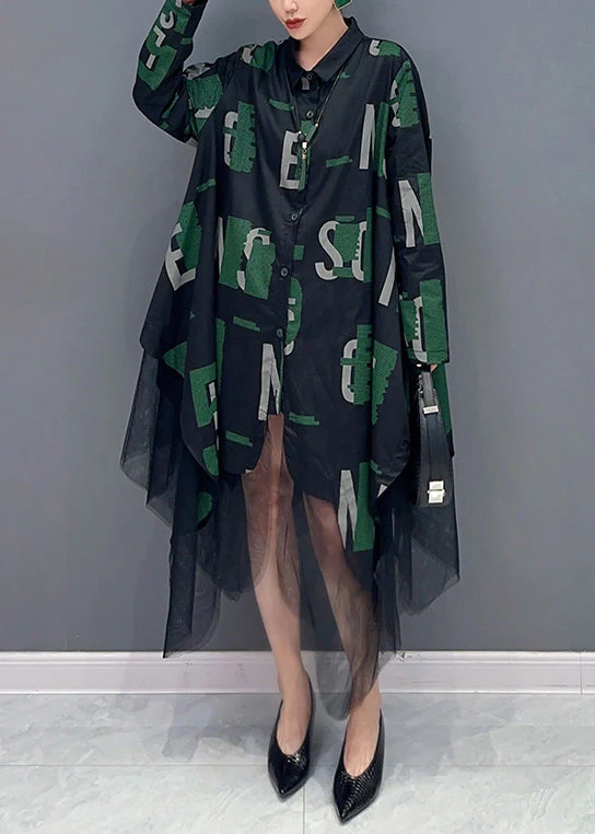 French Black Asymmetrical Print Tulle Patchwork Shirts Dresses Fall - Image 2