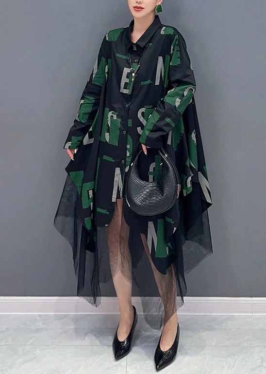 French Black Asymmetrical Print Tulle Patchwork Shirts Dresses Fall - Image 3