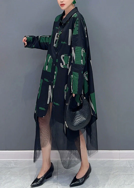 French Black Asymmetrical Print Tulle Patchwork Shirts Dresses Fall - Image 4