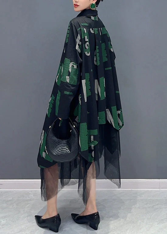 French Black Asymmetrical Print Tulle Patchwork Shirts Dresses Fall - Image 5