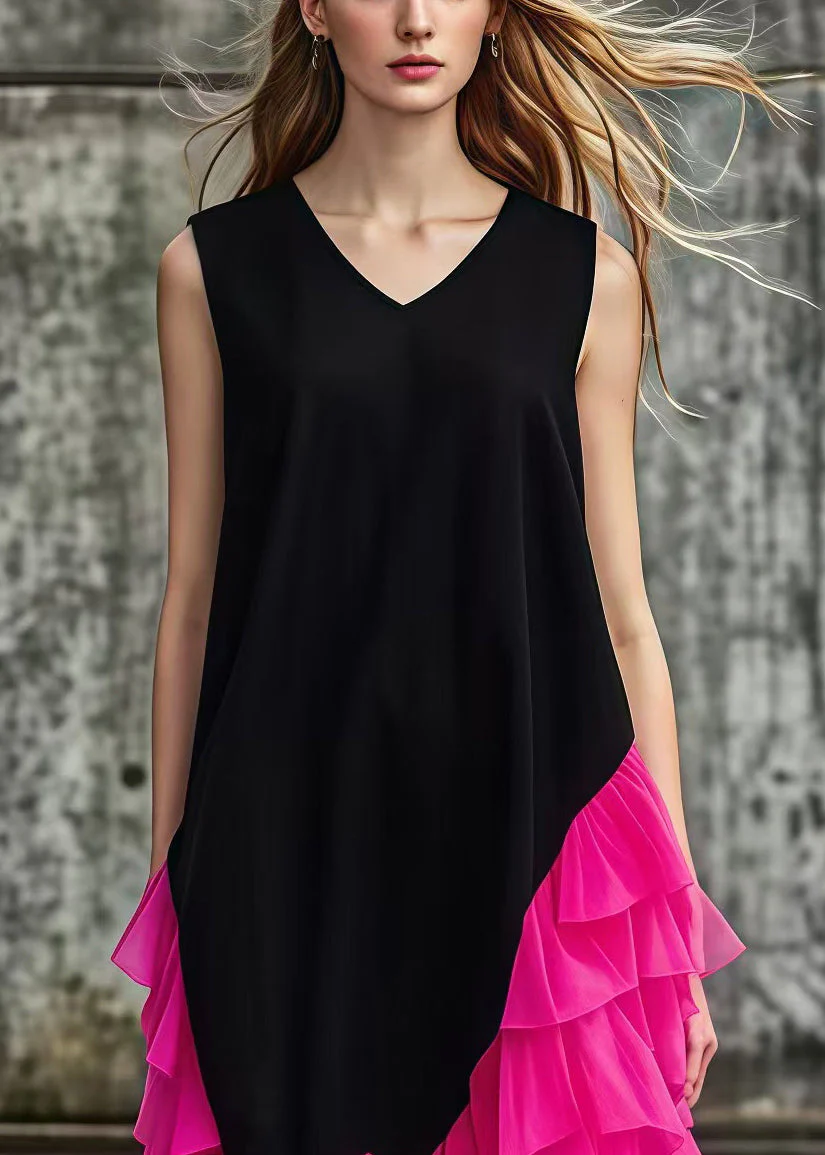French Black Asymmetrical Tulle Patchwork Cotton Maxi Dresses Summer - Image 2