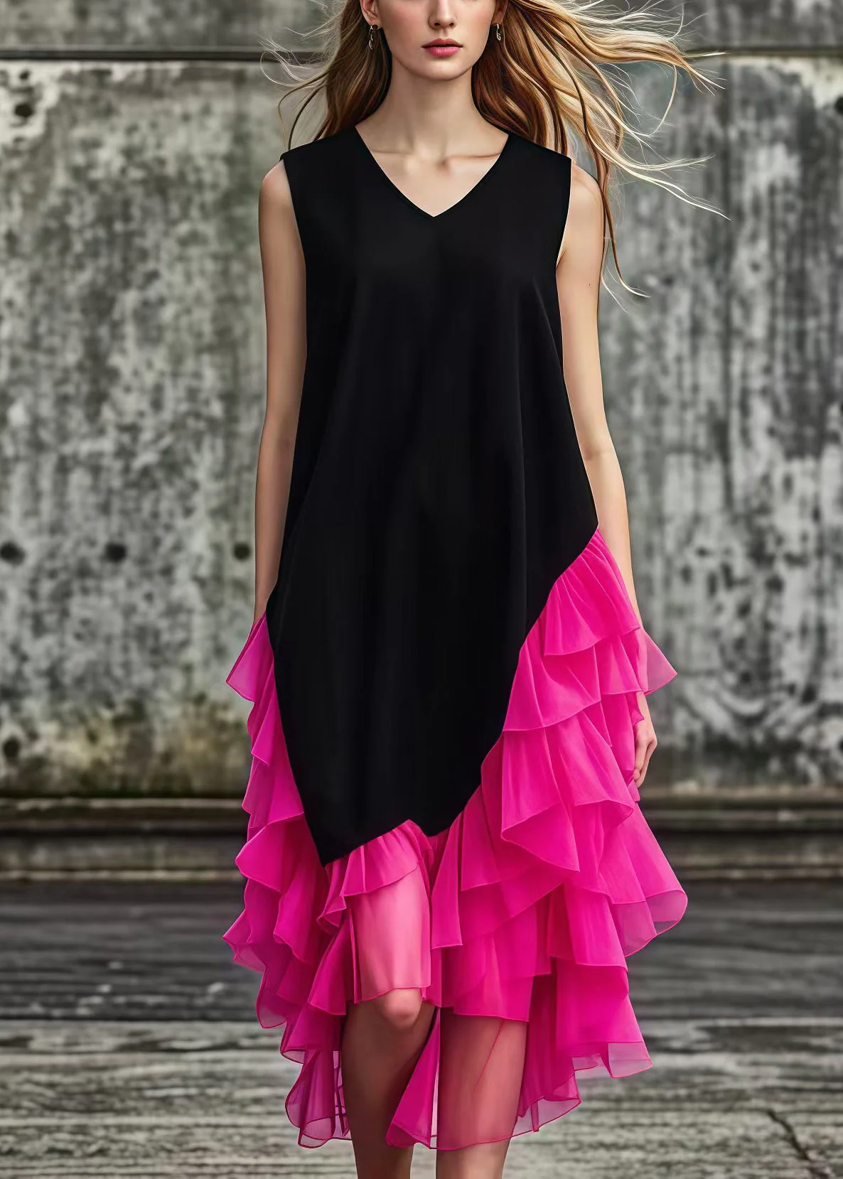 French Black Asymmetrical Tulle Patchwork Cotton Maxi Dresses Summer - Image 3