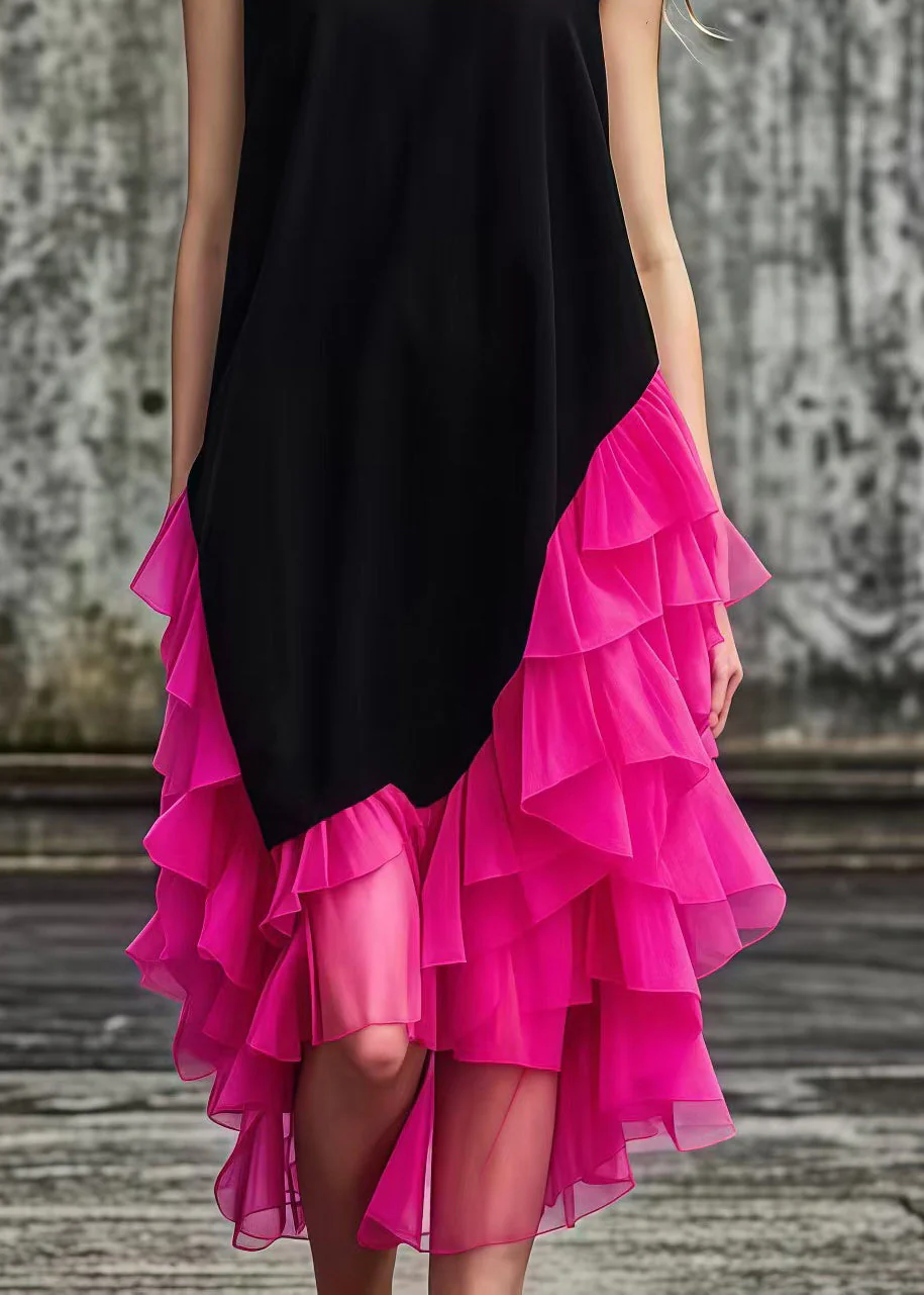 French Black Asymmetrical Tulle Patchwork Cotton Maxi Dresses Summer - Image 4