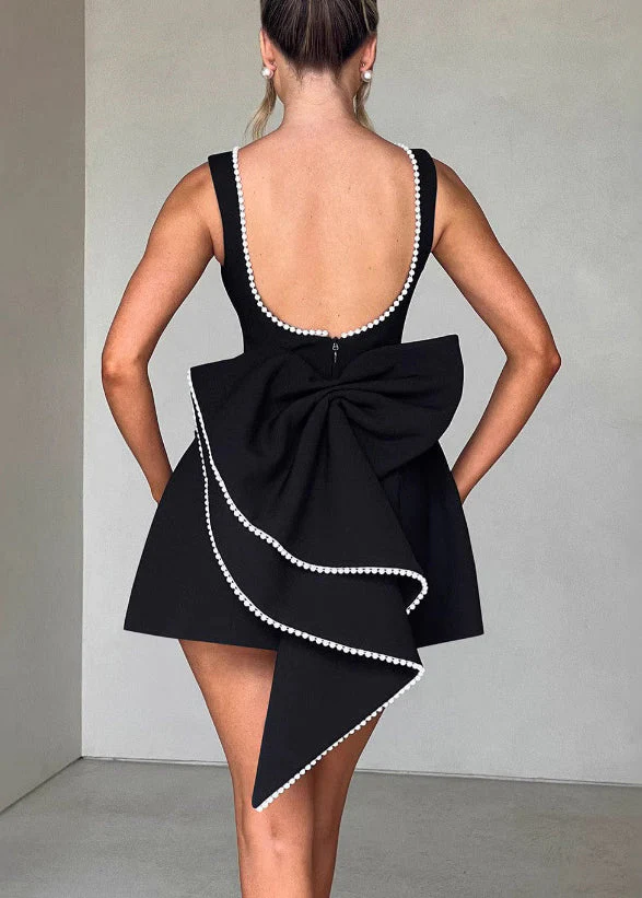 French Black Backess Bow Cotton Mini Dresses Summer