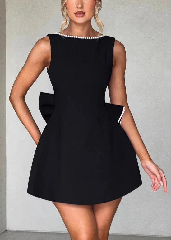 French Black Backess Bow Cotton Mini Dresses Summer - Image 2