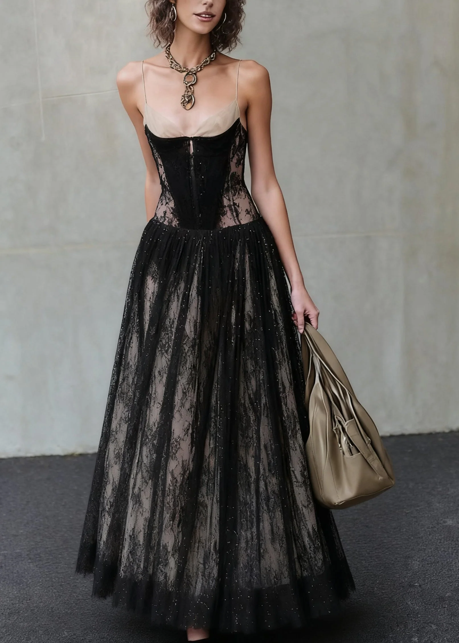 French Black Backless High Waist Patchwork Lace Spaghetti Strap Dress Summer - Image 3